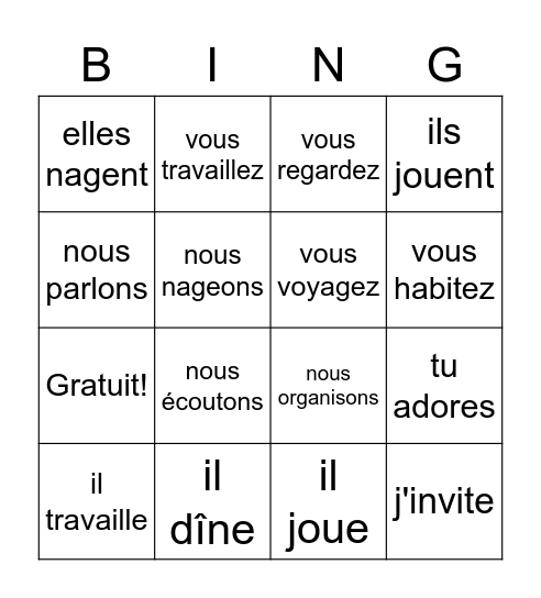 Les Verbes en ER Bingo Card