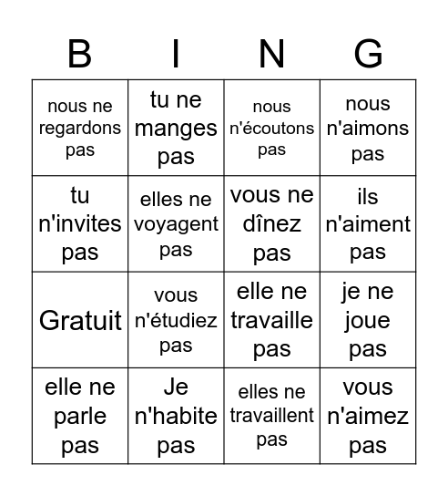 Les Verbes en ER (forme negative) Bingo Card