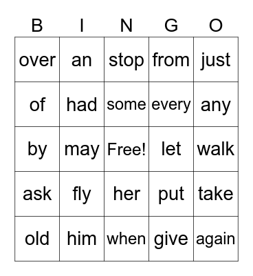1st Grade Sight Words Bingo Card