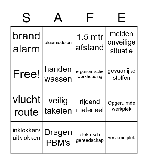 Safety Bingo Card