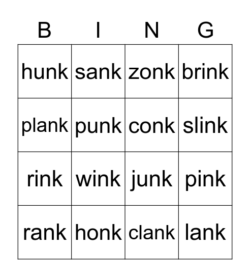 -ink, -ank, -onk, -unk Bingo Card