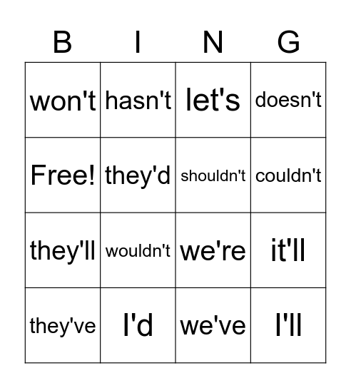 Contraction Bingo Card