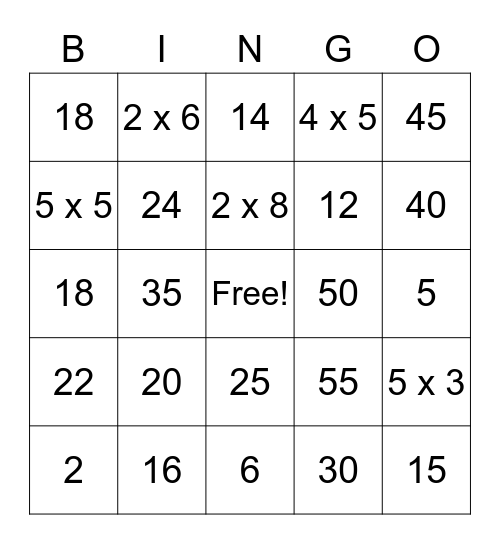 Multiplying by 2's and 5's Bingo Card