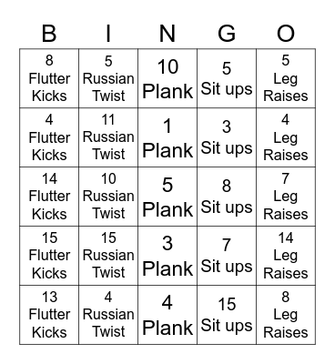 Fitness Floor Bingo Card