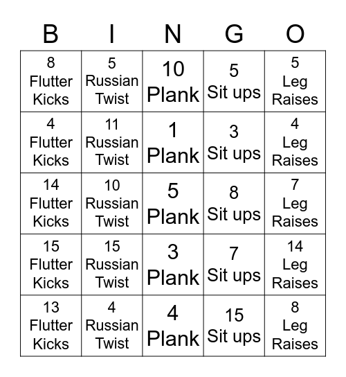 Fitness Floor Bingo Card