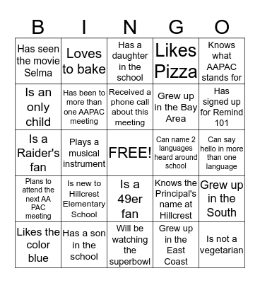 Hillcrest African American Parent Advisory Council  Bingo Card