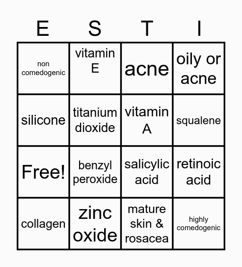 Esti Ingredients Bingo Card