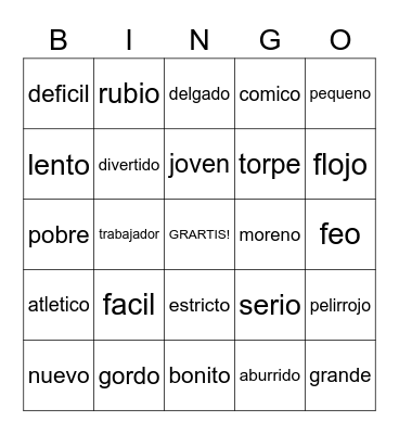 Spanish Adjectives Bingo Card
