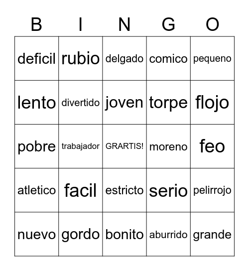 Spanish Adjectives Bingo Card