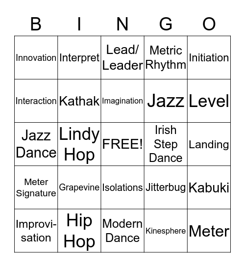 Grapevine-Modern dance Bingo Card