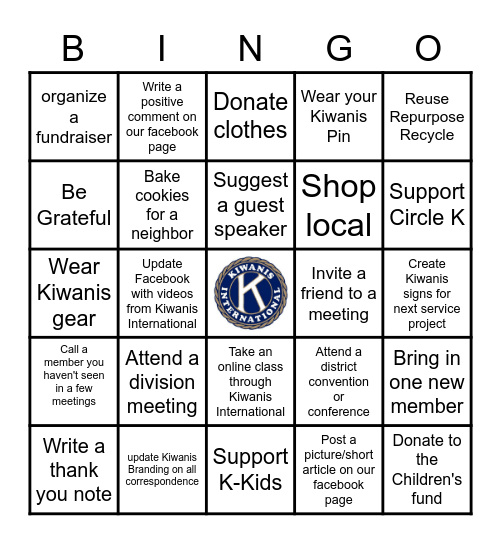 Kiwanis Bingo Card