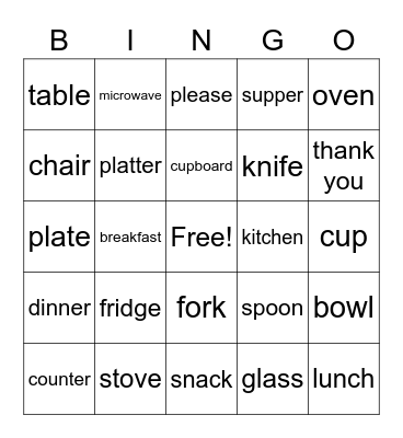 Kitchenware Bingo Card
