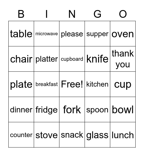 Kitchenware Bingo Card