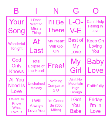 Love Song Bingo Card