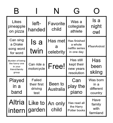 New Hire Happy Hour Bingo Card