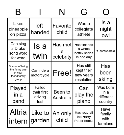 New Hire Happy Hour Bingo Card
