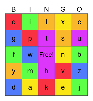 lowercase letters Bingo Card