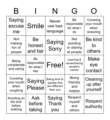Good Manners Bingo Card