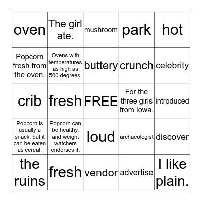 Grammar popcorn BINGO Card