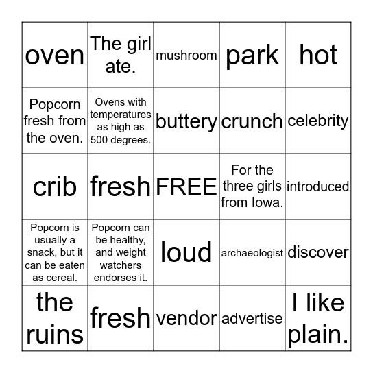 Grammar popcorn BINGO Card
