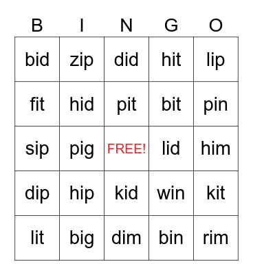 Phonics with Frances: Short i BINGO Card