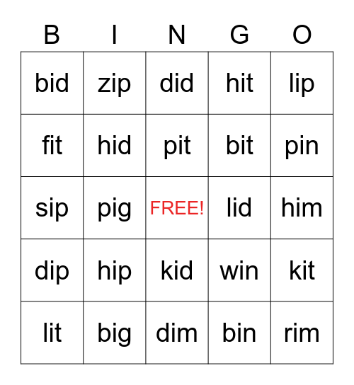 Phonics with Frances: Short i BINGO Card