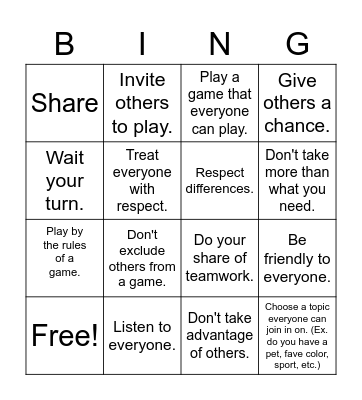 Fairness Bingo Card