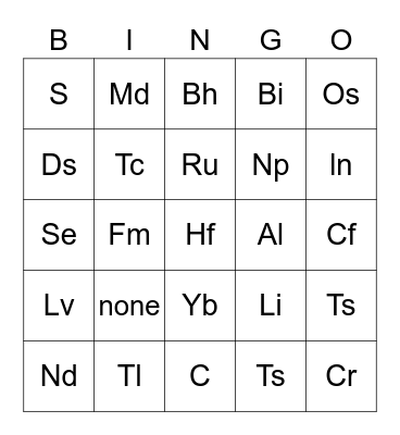 Periodic table Bingo Card