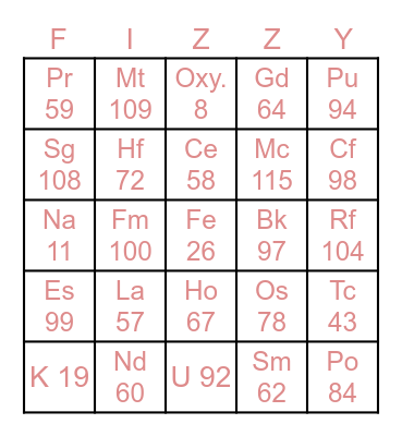 Science Element Bingo Card
