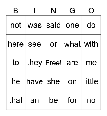 Sight Words Bingo Card