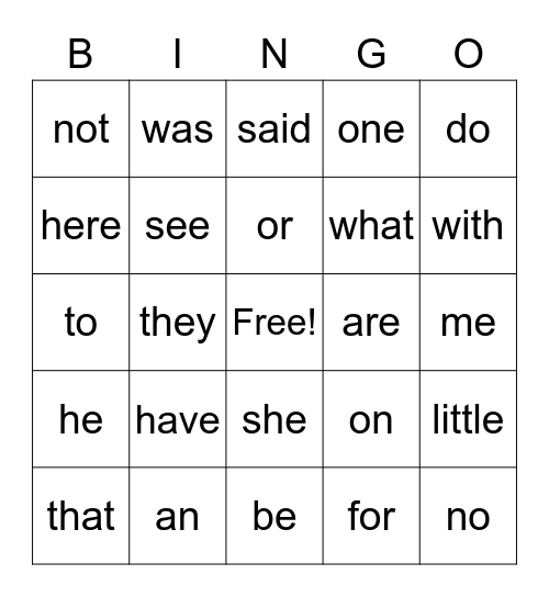 Sight Words Bingo Card