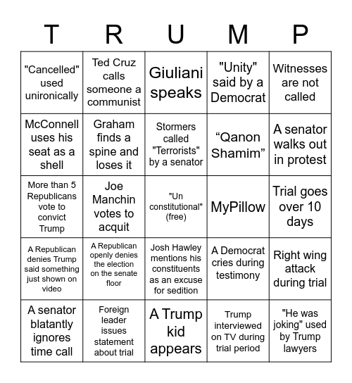 Trump's Second Impeachment Bingo Card