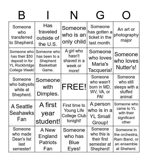 Shepherd YL Bingo!  Bingo Card