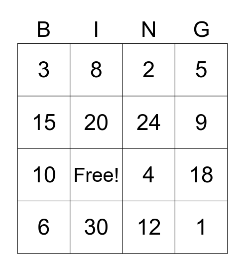multiplication bingo Card