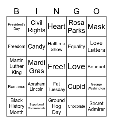 Month of February Bingo Card