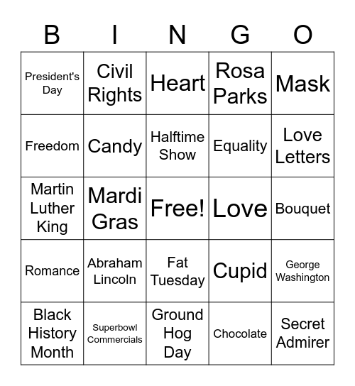 Month of February Bingo Card