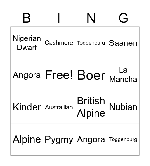 Goat breeds bingo Card