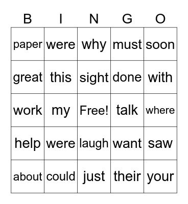 sight words Bingo Card