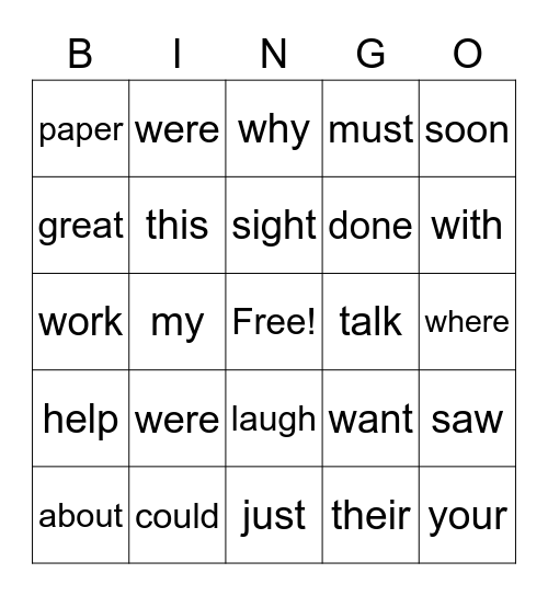 sight words Bingo Card