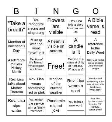Unity of Portland February Bingo Card