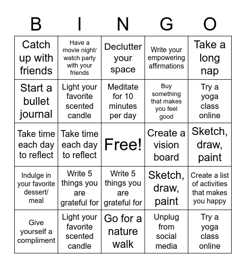 MMS Self-care Bingo Card