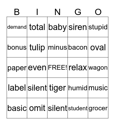 Open Syllable Bingo Card