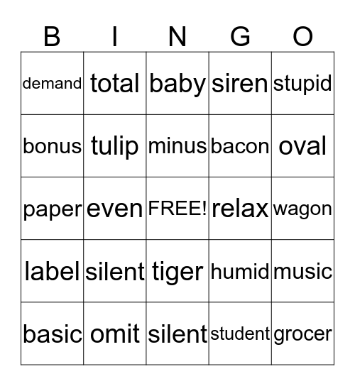 Open Syllable Bingo Card