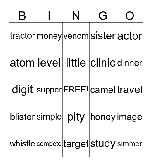 Closed Syllable Bingo Card