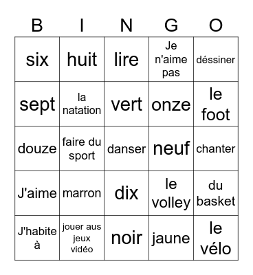 French Acton Class Bingo Card