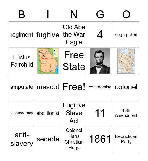 Underground Railroad/Civil War Bingo Card