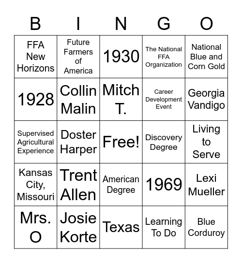 FFA Bingo Card