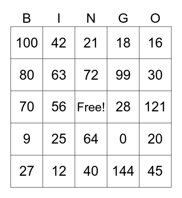 Multiplication Bingo Card