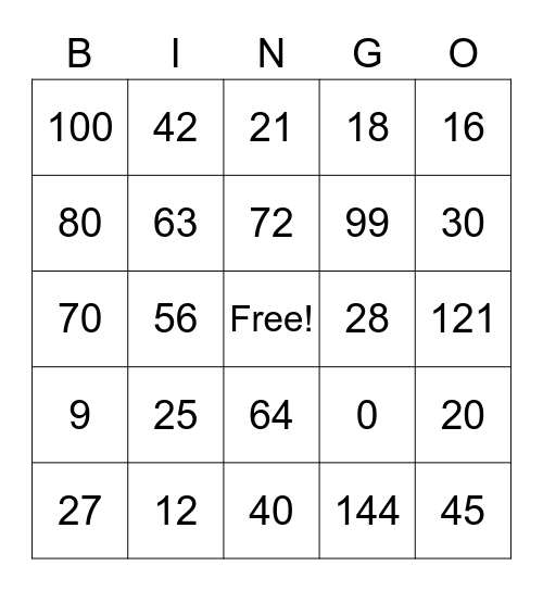 Multiplication Bingo Card