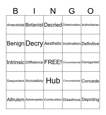 AVID Vocabulary Bingo Card